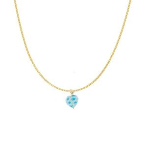Blue Floral Glass Heart Gold Charm Necklace